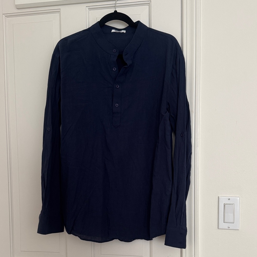 Coofandy Men's Navy Grandad Collar Button-Down Shirt- Medium